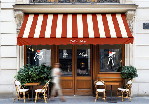 Coffee Shop Awning Mockup with Outdoor Tables and Chairs