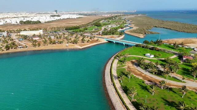 Yanbu, Saudi Arabia - May 20 2025, Aerial view panorama marina and sea front, Yanbu, Saudi Arabia 4k drone video