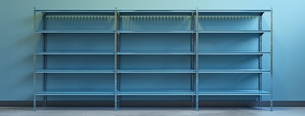 Empty Blue Metal Shelving Unit Against Wall