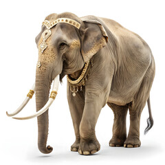 Obraz premium An Asian elephant with decorated tusks in a full-body view, displaying intricate ornamentation and natural posture.