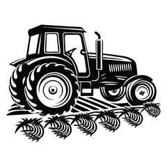 A strong silhouette of a tractor raking soil at dusk, capturing the machinery’s outline against the sky as it prepares the earth for planting.
