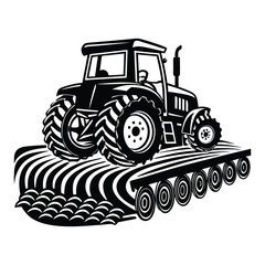 A strong silhouette of a tractor raking soil at dusk, capturing the machinery’s outline against the sky as it prepares the earth for planting.
