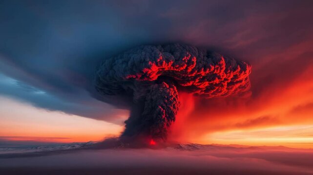 Volcanic eruption with dark ash cloud and fiery red lava illuminating sky at sunset, dramatic natural disaster scene with smoke and glowing clouds creating intense volcanic eruption display