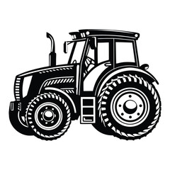 Silhouette of a tractor with large rear wheels and a cab, showcasing a classic farm vehicle in bold black outline, perfect for rural or agricultural themes.
