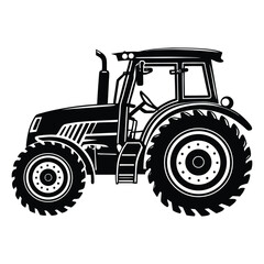 Silhouette of a tractor with large rear wheels and a cab, showcasing a classic farm vehicle in bold black outline, perfect for rural or agricultural themes.
