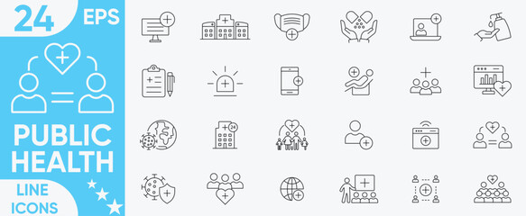 Public health icon set.Health, disease prevention, health protection, hospital services, family health, protection, medical services, health awareness, hygiene and more.Vector and illustrator set.