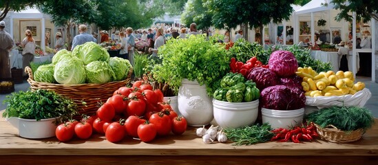 Fresh Farmers Market with Colorful Vegetables and Busy Atmosphere