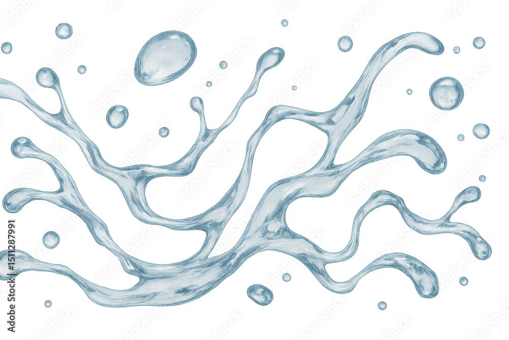 Poster flowing streams and droplets of pure water create dynamic splashes against a transparent backdrop, p