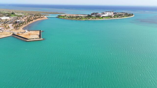 Yanbu, Saudi Arabia - May 20 2025, Aerial view panorama marina and sea front, Yanbu, Saudi Arabia 4k drone video