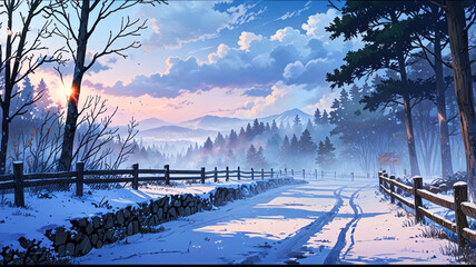snowy forest anime wallpaper background with fog, AI Generative