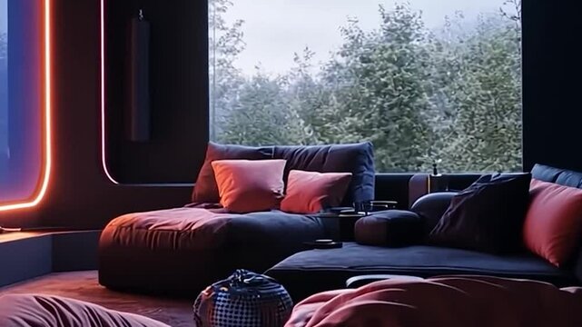 Modern interior with dark color scheme featuring comfortable seating pillows and a view of lush greenery outside the window. A touch of neon lighting complements the ambiance