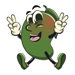 manggo retro vektor illustration mascot character with big smile raising two hands in peace sign while jumping happily, work of hand drawn