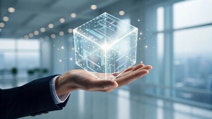 A hand holds a glowing, transparent cube symbolizing technology and innovation.