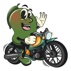 manggo retro vektor illustration mascot character riding a big motorcycle, work of hand drawn