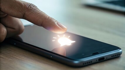 Close-up of a finger tapping a smartphone screen with a glowing notification icon.