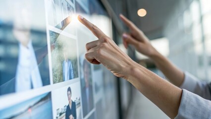 Two hands interacting with a digital display of images in a modern setting.