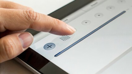 A hand adjusting a touchscreen interface with various controls.