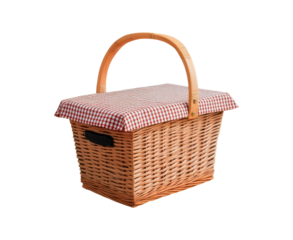 Wicker picnic basket with red and white checkered cloth on transparent background, PNG