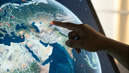 Interactive globe with a hand pointing; highlighting geography and exploration.