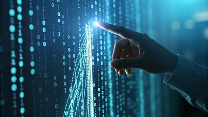 Futuristic hand interacting with a digital binary interface in a blue glow.