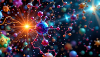 abstract molecule colorful scifi background 3d illustration, subject on the left under morning radiance, with copy space on the right.