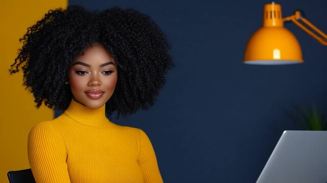 Confident Woman in Yellow Sweater at Desk
