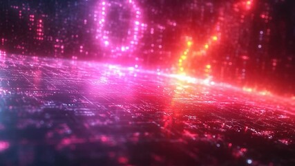 Abstract digital landscape with vibrant red and pink glowing pixels creating a futuristic data stream and digital information visualization. - Powered by Adobe