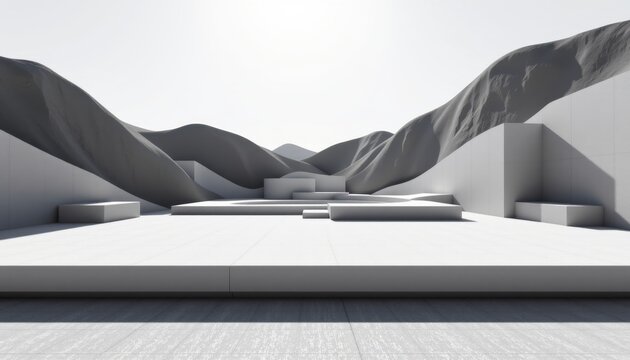 abstract geometric shapes in monochrome tones under noon sunlight, subject positioned at the bottom with clear copy space at the top, perfect for web design and puter graphics.