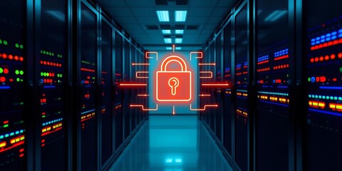 Server room with firewall graphic and security icons, three data points,   protection,  cloud