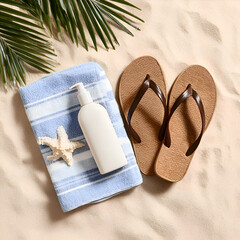 Tropical Beach Vacation: Essential Accessories for Summer Relaxation with Sandals, Sunscreen, and Towels by the Ocean Shore in Coastal Style, Embrace Warm Weather Vitality and Enjoyment