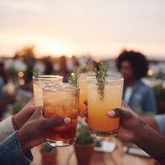 Cheers to Summer: Refreshing Cocktails, Friends, and Vibrant Celebrations at Sunset Gatherings for Fun, Relaxation, and Enjoyment with Mixed Drinks and Colorful Beverages Amid Nature