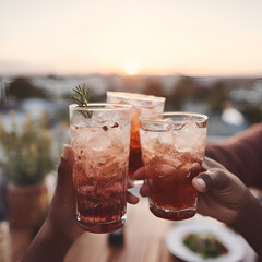 Refreshing Summer Cocktails for Outdoor Celebrations: Cheers to Joyous Gatherings with Friends, Colorful Beverages, and Positive Vibes at Sunset amidst Nature and Relaxation