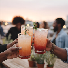 Vibrant Outdoor Cocktails for Celebrations: Cheers to Summer Gatherings with Friends at Sunset, Clinking Glasses, and Refreshing Drinks in Hand for Good Times and Happy Moments