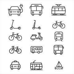 a simple black and white line art illustration featuring various modes of eco-friendly urban transportation. Include icons of an electric car with a charging plug, a city bus, a tram or streetcar, 