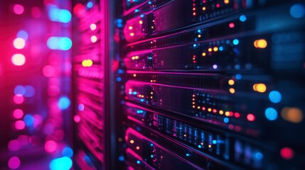 Close-up of blinking lights and cables on high-performance data server, sharp details