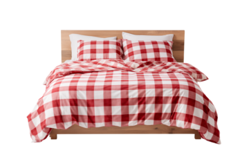 Red and White Gingham Bedding: Rustic Farmhouse Bedroom Design isolated on transparent background png
