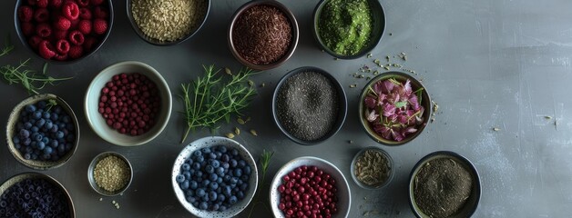 Naklejka premium Assorted Superfoods Bowls on Dark Textured Surface