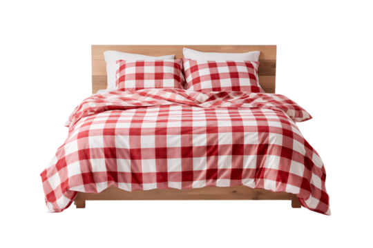 Red and White Gingham Bedding: Rustic Farmhouse Bedroom Design isolated on transparent background png