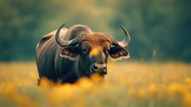 Close up of wild buffalo mammal with curved horn standing in yellow flower field and grassland, animal head in peaceful nature wildlife scene with blurred green background