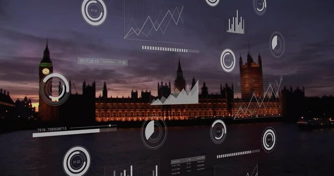 After dusk scene loading data dials appearing over London towers, charts visualizing live metrics - Powered by Adobe