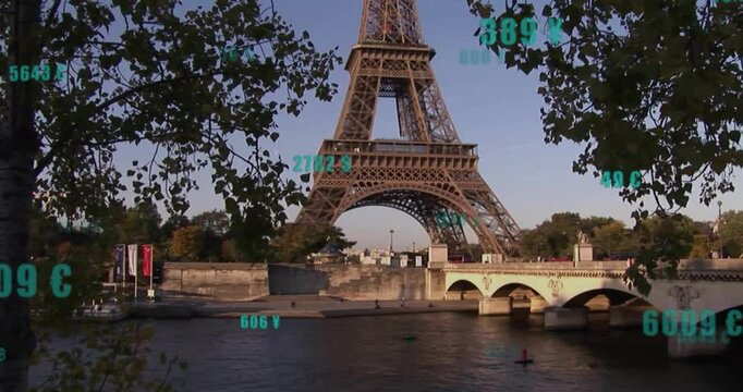 After pause Seine holding data overlays floating and scanning Eiffel Tower structure for display