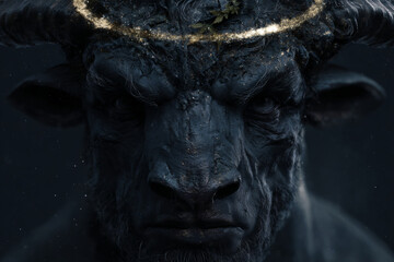 a black bull with a gold halo on its head