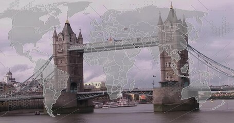Tour boat passing beneath Tower Bridge starting map overlay evolving into network visualization - Powered by Adobe