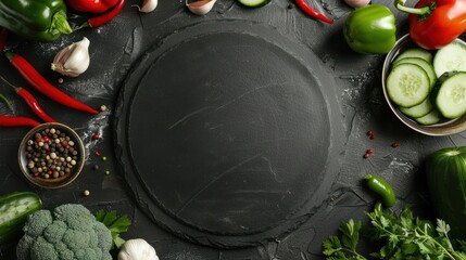 Fresh vegetables and herbs arranged around a dark stone plate