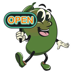 manggo retro vektor illustration mascot character showing a sign that says open, work of hand drawn