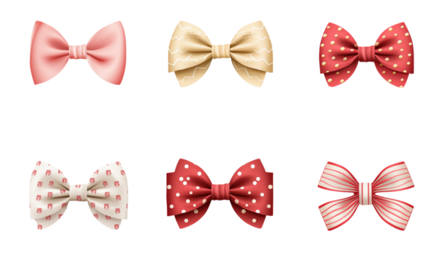 Six Elegant Fabric Bows: Pink, Red, Beige Polka Dot & Solid Ribbons isolated on transparent background png