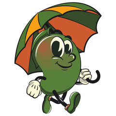 manggo retro vektor illustration mascot character walking with an umbrella, work of hand drawn