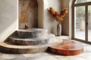 A stone staircase with a vase on top of it