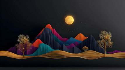 Abstract Pixelated Mountainscape With Gold Landscape