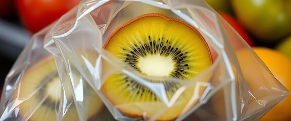Single ripe kiwi fruit inside clear plastic produce bag, shiny, macro